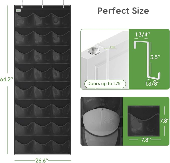 Baseball Hat Rack, 24 Pocket Over-The-Door Hat Organizer with Clear Deep Pockets to Display Baseball Caps Collection, Complete with 3 Over Door Hooks (Black, 24 Pockets)