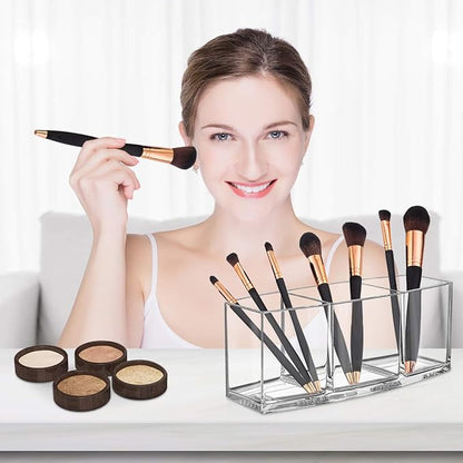 Clear Makeup Brush Organizer, Premium Acrylic Makeup Brush Holder Organizer 3 Compartments, Makeup Brush Display Holder Cosmetic Storage