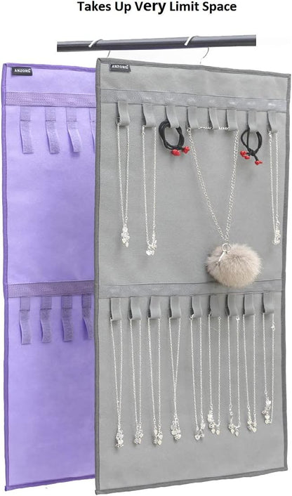 Dual-sided Hanging Jewelry Organizer with 34 Hook Loops Wall Mounted Necklace Holder Jewelry Display Storage Hanger for Bracelet Chain (GREY)
