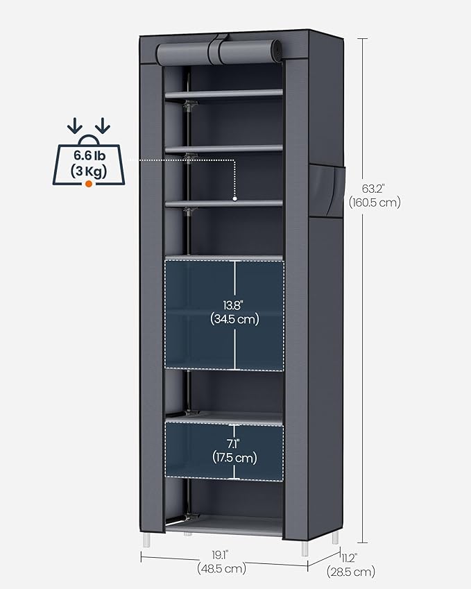 SONGMICS HOME Shoe Rack 10-Tier, Tall Narrow Metal Shoe Organizer with Dust Cover, 11.2 x 19.1 x 63.2 Inches, Vertical Storage Cabinet for Closet Entryway, Gray