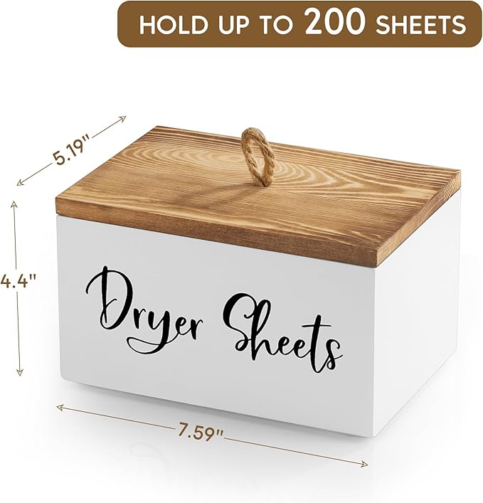 Wood Dryer Sheet Holder - Laundry Sheets Container with Lid - Farmhouse Laundry Room Organization and Storage for Laundry Room Decor and Accessories - Fabric Sheet Dispenser, White
