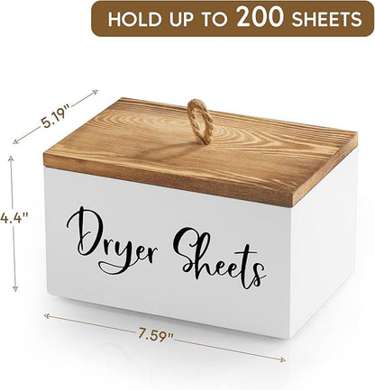 Wood Dryer Sheet Holder - Laundry Sheets Container with Lid - Farmhouse Laundry Room Organization and Storage for Laundry Room Decor and Accessories - Fabric Sheet Dispenser, White