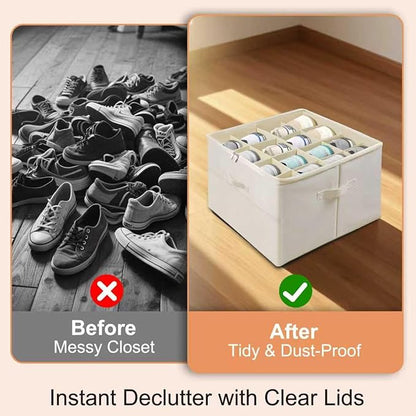 Shoe Organizer for Closet, Foldable Shoe Storage Containers with Clear Cover, Reinforced Handles Fits 8-16 Pairs, Space Saving Stackable Design for Sneakers Sandals Slippers (White)