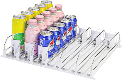 Upgraded Press-type Drink Organizer for Fridge, Capable of horizontal pushing Soda Can Dispenser for RefrigeratorSpace-Saving Automatic Drink Pusher Glide System - Holds 30 Cans (6 Rows)