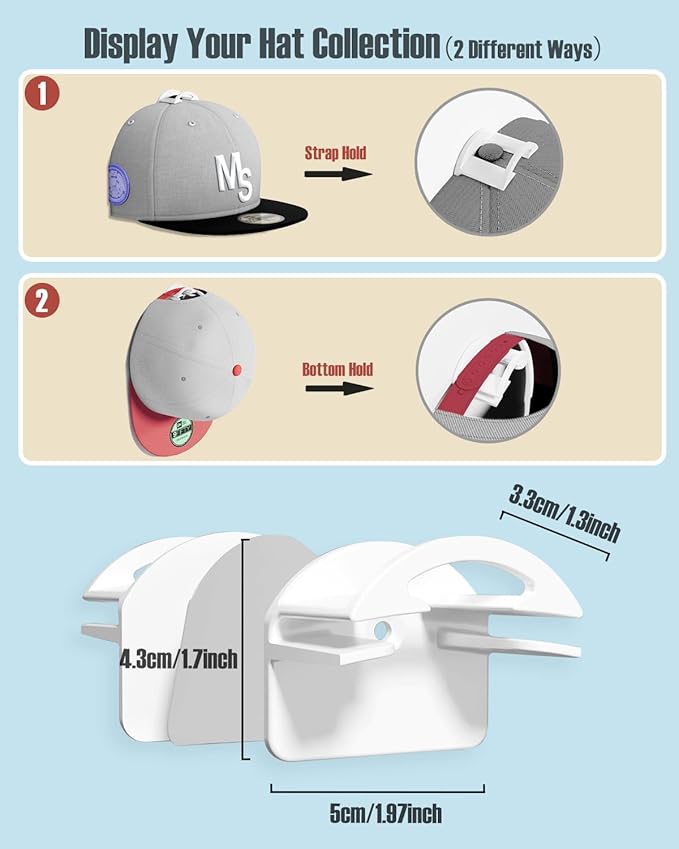 Adhesive Hat Hooks for Wall, Baseball Caps Strong Holdr, Ball Cap Hanger Wall Mount, Hat Display Rack, Hat Organizer Accessories, White 16-Pack