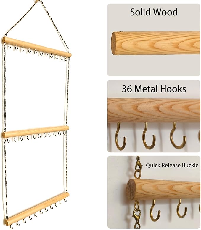 Hanging Jewelry Organizer with 36 Hooks - 15.7 Inch Hanging Wooden Display Rack for Necklaces, Bracelets, Earrings, Headbands - Space Saving Decor