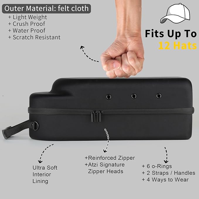 GERMUN Hard baseball hat case, Hat Carrier Travel Case with Adjustable Shoulder Strap, Hat cap case for 12 Baseball Caps - Perfect for Traveling & At-Home Storage (Black with Grey)