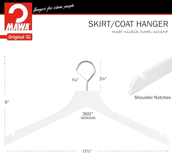 MAWA by Reston Lloyd, European Wooden Hanger, Beech Wood Straight Hanger with Shoulder Notches, Rotating Chrome Hook, White Finish, for Shirts, Blazers, Dress Clothes, Set of 5 (26135)