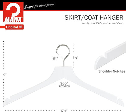 MAWA by Reston Lloyd, European Wooden Hanger, Beech Wood Straight Hanger with Shoulder Notches, Rotating Chrome Hook, White Finish, for Shirts, Blazers, Dress Clothes, Set of 5 (26135)