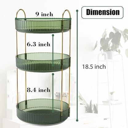 Rotating Makeup Organizer Countertop 3 Tier Lazy Susan Trays Clear Skincare Perfume Storage for Bathroom Counter Vanity, Green Gold