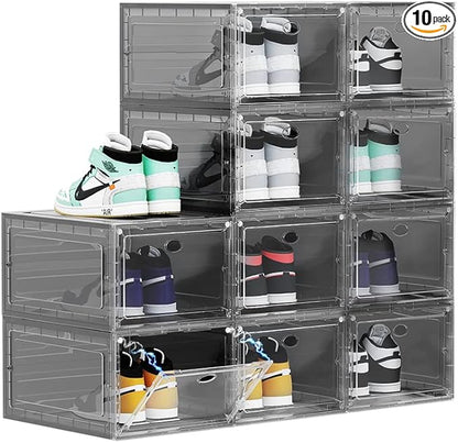 Large Clear Plastic Shoe Boxes Stackable, 10 Pack Drop Front Shoe Storage Box 0rganizer, Sneaker Storage Shoe Containers Display Case for Size 12 (Ash 10pack)