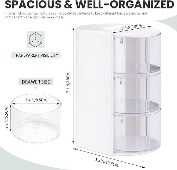 2 Pack Hair Accessories Organizer with Hair Brush Holder, 3-Tier Clear Rotatable Drawer Makeup Sponge Holder, Bathroom Qtip Cotton Swab/Pad/Ball Dispenser Jewelry Box (White)