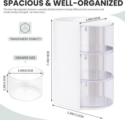 2 Pack Hair Accessories Organizer with Hair Brush Holder, 3-Tier Clear Rotatable Drawer Makeup Sponge Holder, Bathroom Qtip Cotton Swab/Pad/Ball Dispenser Jewelry Box (White)