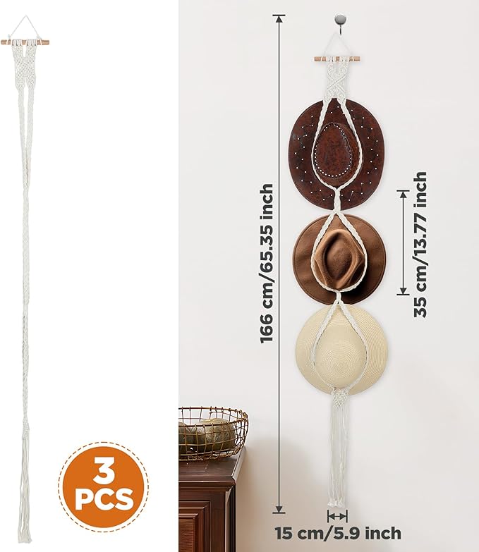 3 PCS Macrame Hat Hangers for Wall, Bohemian Hand Weaving Boho Hat Rack Organizer for Cowboy, Wide Brim, Bowler & Fedora Hats, Decorative Western Door & Wall Hanging Display (3 Hats Style)