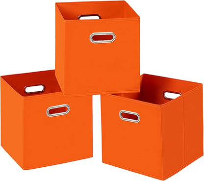 Fabric Cloth Storage Bins,Fabric Cube Bins Organizer with Dual Handles Foldable Cube Storage Baskets for Home Bedroom Storage,Set of 3,(Orange)