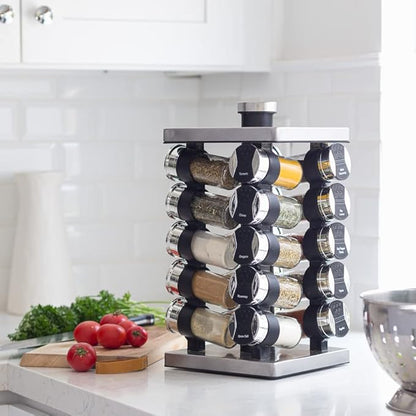 Orii 20 Jar Spice Rack with Spices Included & 5-Year Free Spice Refill Program - Tower Organizer for Kitchen Spices and Seasonings, (Silver Black)