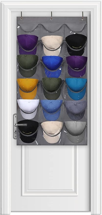 Dofilachy Hat Rack - Hat Organizer - Hat Racks for Baseball Caps, Visible Hat Holder - Baseball Hat Rack for Wall Door with 3 Hooks, 18 Deep Pockets(Grey, medium)