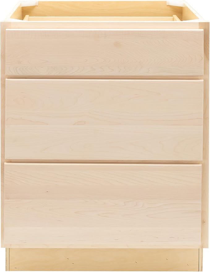 Quicklock RTA (Ready-to-Assemble) | Base Kitchen Cabinets - Shaker Style | Made in America (Raw Maple, 30" W x 34.5" H x 24" D 3 Drawer Pots and Pans)