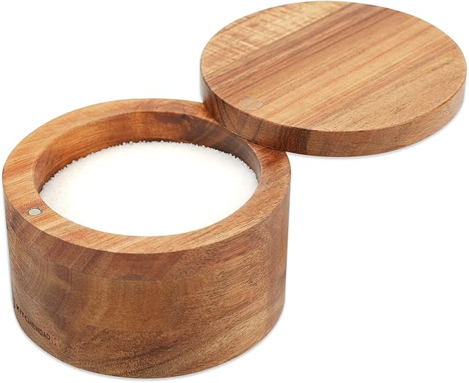 KITCHENDAO Acacia Wood Salt Cellar Bowl Box, Elegant Kitchen Holder Container with Swivel Magnetic Lid to Store Favorite Seasonings Pepper Spice or Bath, 6oz