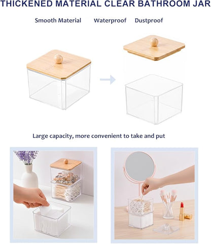 Cotton Swab Holder with Bamboo Lid, Single Layer Cotton Bud Dispenser, Premium Plastic Organizer for Guest Bathroom Vanity, Floss Pick & Hair Tie Storage Container