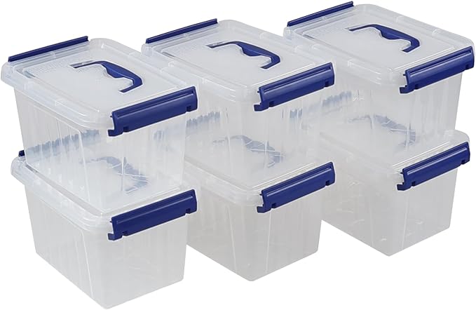 3 Quarts Plastic Storage Container Bin with Latching Lid, Small Storage Bin Tote Stackable and Nestable Organizing Box, Pack of 6, T