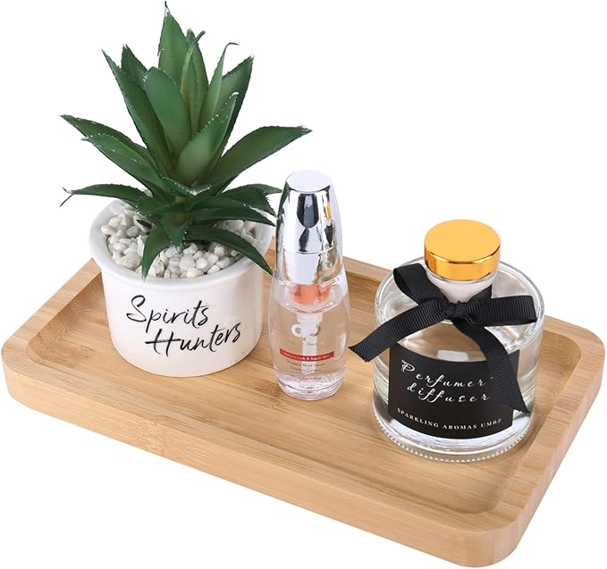 Natural Bamboo Vanity Tray Bathroom Tray Smooth and Thick Wooden Tray for Perfume Cotton Swabs Balls Candles Cosmetics Jewelry Makeup