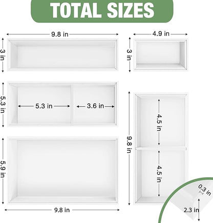 Bamboo Drawer Organizer,5 PCS White Bathroom Tray&Desk Organizers and Storage,Cabinet Divider With Removable Silverware Organization for Kitchen,Utensils,Junk,Office,Makeup
