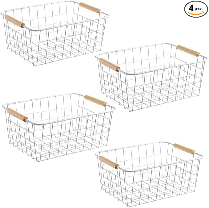 LeleCAT White Wire Baskets for Organizing with Handles，Pantry Organizers and Storage For Kitchen, Household Snack Basket for Cabinets, Closets, Bedrooms,food - Set of 4(White)