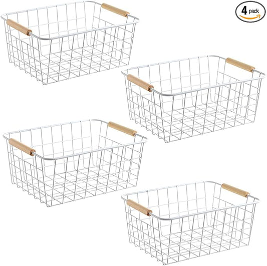 LeleCAT White Wire Baskets for Organizing with Handles，Pantry Organizers and Storage For Kitchen, Household Snack Basket for Cabinets, Closets, Bedrooms,food - Set of 4(White)