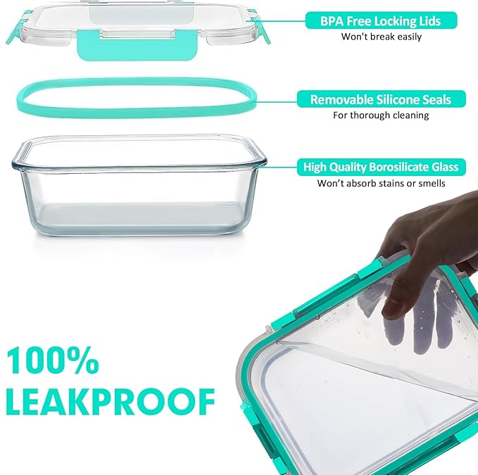VERONES 30 Pieces Glass Meal Prep Containers Set, Stackable Glass Food Storage Containers with Lids-Airtight Lunch Containers，for Microwave, Oven, Freezer & Dishwasher,Green
