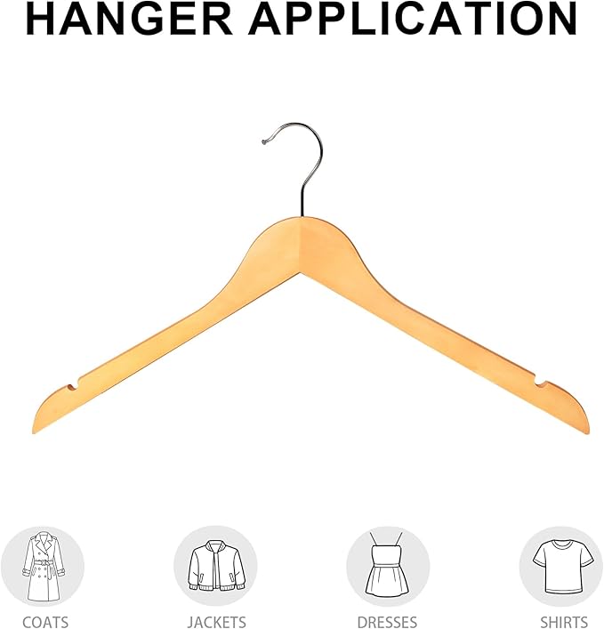 Premium Wooden Top Hangers, Heavy Duty Solid Wood Suit Hangers with 360° Swivel Hook & Anti-Slip Notches, Durable Clothes Hangers for Jackets, Coats, Shirts & Dresses(Natural Wood/12-Pack)