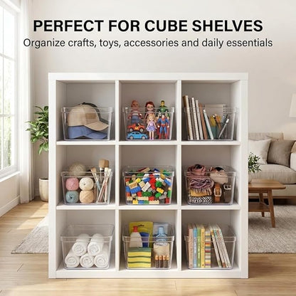 MOONEDGE 6-Pack Clear Cube Storage Bins,10" x 10" x 6" Open-Top Plastic Organizer Boxes, Square PET Containers for Closet,Pantry,Kitchen,Fridge,Playroom,Bathroom,Undersink and Vanity Organization