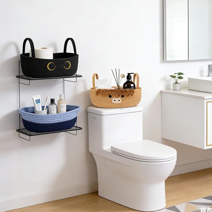 Toilet Highland Cute Cow Paper Basket–Oval Woven Bathroom Organizer Toilet Tank Storage Basket, Decorative Shelves Rope Cotton Bin with Handles, Wedding Empty Towel Paper Holder,13"D x 7.48"H