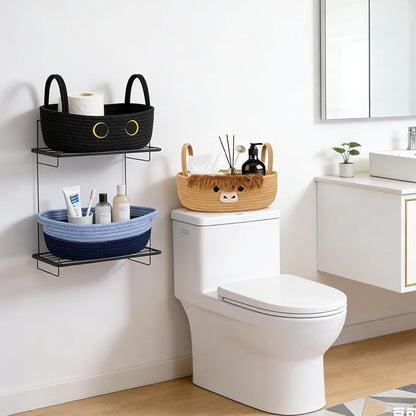 Toilet Highland Cute Cow Paper Basket–Oval Woven Bathroom Organizer Toilet Tank Storage Basket, Decorative Shelves Rope Cotton Bin with Handles, Wedding Empty Towel Paper Holder,13"D x 7.48"H