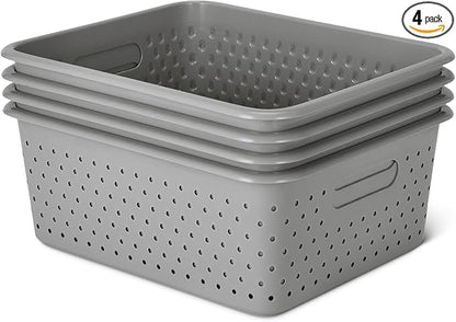 Amazon Basics Decorative BPA-Free Plastic Storage Baskets, 13.66 x 11.34 x 5.39, Grey, Pack of 4