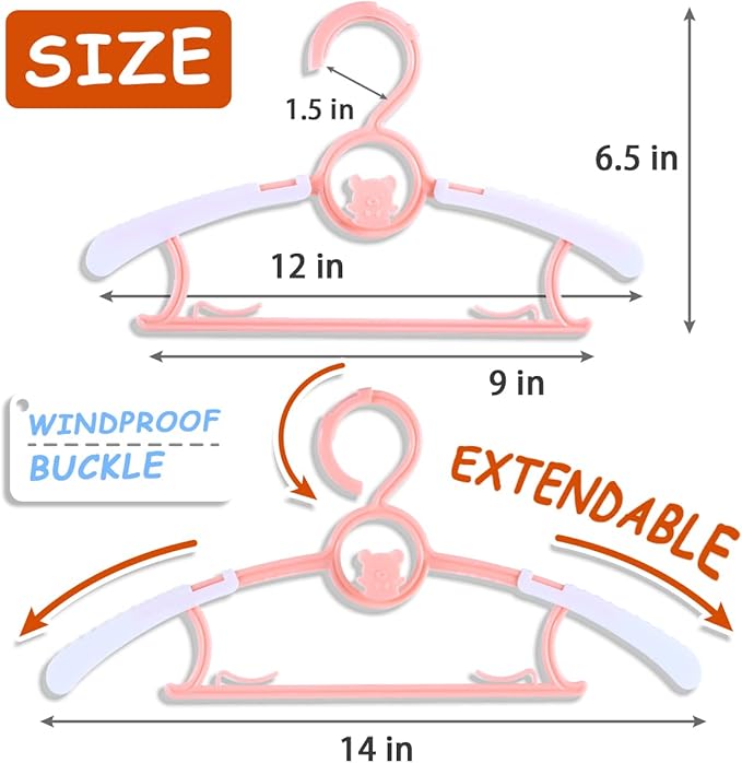 Baby Hangers for Nursery Closet 40 Pack Plastic Kids Clothes Hanger Space Saving Non Slip Extendable Toddler 11-14” Adjustable Hangers Heavy Duty Clothing Infant Hanger Bulk, Pink