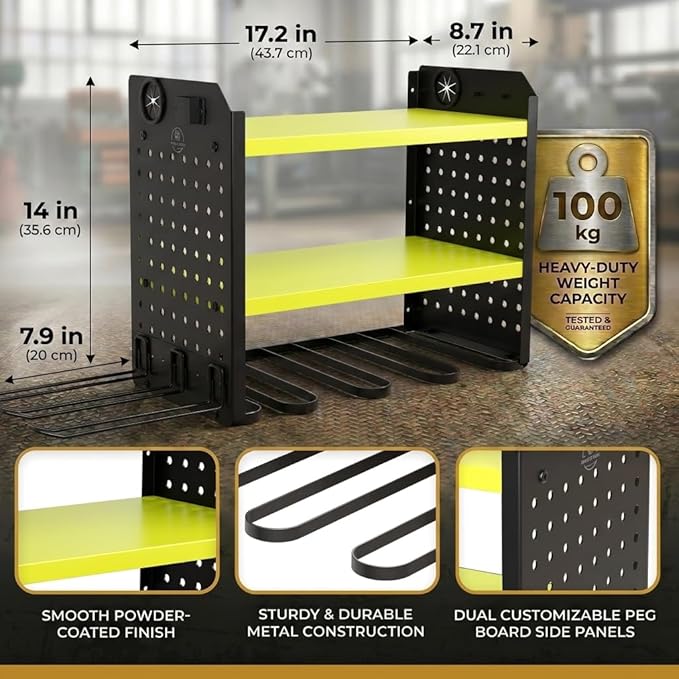 BUILTSTRONG Power Tool Organizer Wall Mount – 3-Tier Heavy-Duty Steel Rack, 6 Drill Slots, Dual Pegboard Sides, Side-by-Side Modular, 100 lb Capacity – Garage & Workshop (Green)