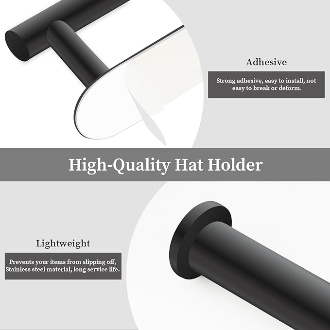 Eiito Hat Racks for Baseball Caps, Adhesive Hat Hooks for Wall, Stainless Steel Baseball Cap Hanger(Black)