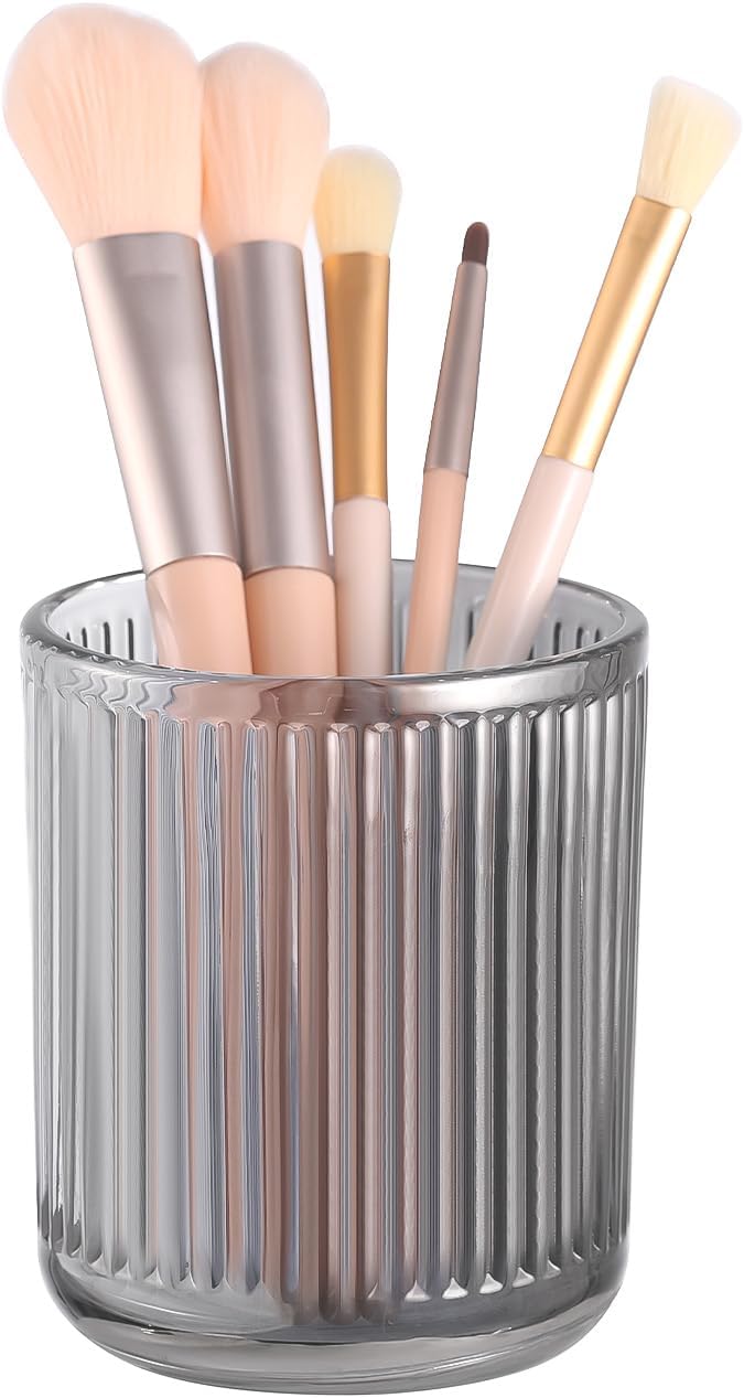DASITON Makeup Brush Holder Organizer, Crystal Glass Makeup Brushes Storage Holder, Vintage Make Up Brush Cup for Vanity, Pen Pencil Holder for Desk, Toothbrush Holders for Bathroom (Grey S)