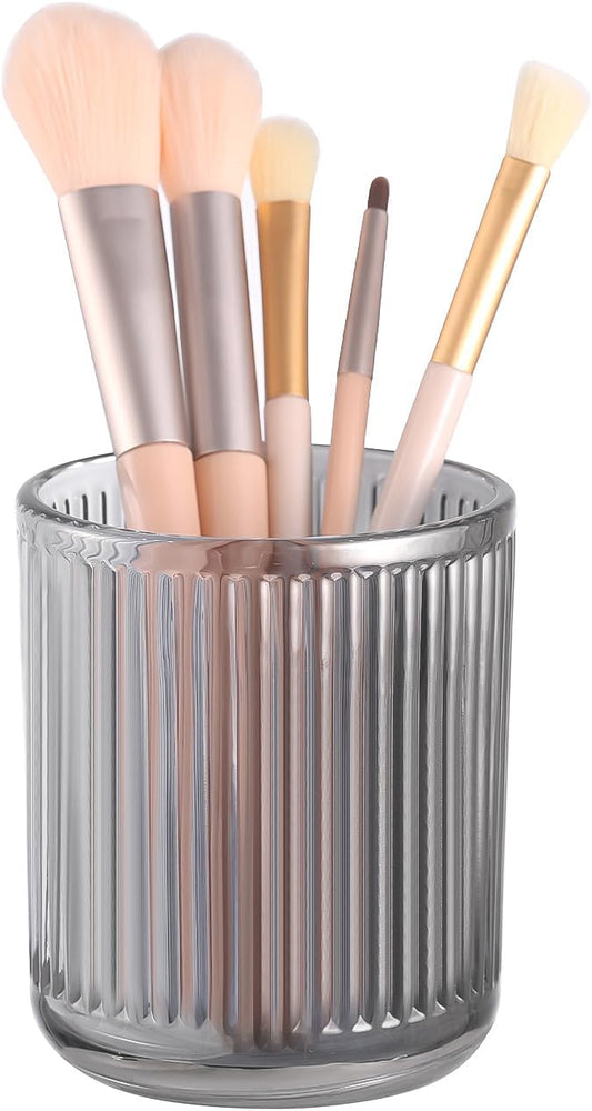 DASITON Makeup Brush Holder Organizer, Crystal Glass Makeup Brushes Storage Holder, Vintage Make Up Brush Cup for Vanity, Pen Pencil Holder for Desk, Toothbrush Holders for Bathroom (Grey S)