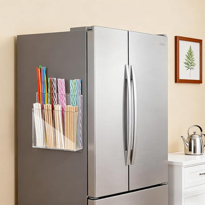 Acrylic Straw Holder for Cabinet Door, Clear Straw Organizer for Reusable Straws, Self-Adhesive No Drill Wall Mount Storage for Kitchen Bar Office, Large Capacity Tableware Rack (8 Compartments)