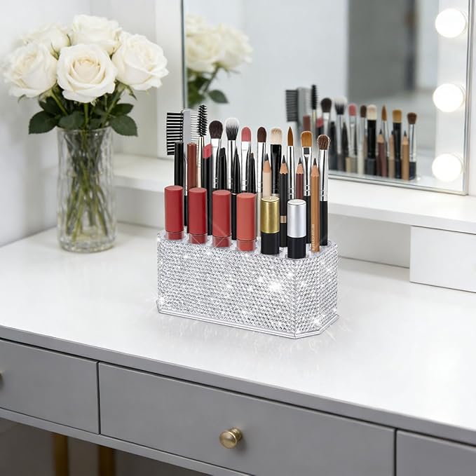 Bling Acrylic Makeup Eyeliner Lip Liner Holder Organizer with Glitter Rhinestone, 26 Spaces