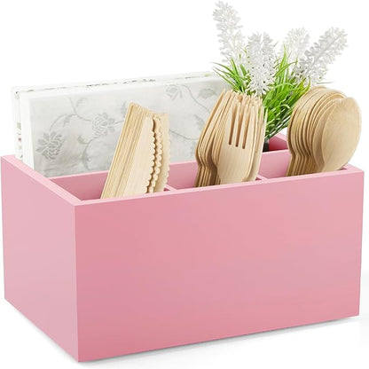 DRASTAR Utensil Holder, Wooden Silverware Caddy, Picnic Cutlery Organizer, Countertop Silverware Holder for Party, Pink