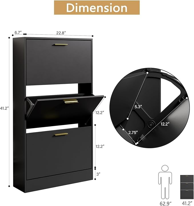 LYNSOM Shoe Cabinet Set of 2, Free Standing Tipping Bucket Shoe Rack Organizer with 3 Flip Drawers, Modern Entryway Shoe Storage with Top Display, Narrow Slim Hidden Shoe Cabinet (Black)