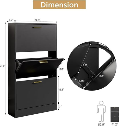LYNSOM Shoe Cabinet, Free Standing Tipping Bucket Shoe Rack Organizer with 3 Flip Drawers, Modern Entryway Shoe Storage with Top Display, Narrow Slim Hidden Shoe Cabinet (Black)
