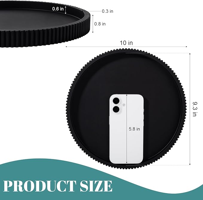 Silicone Bathroom Tray Round Kitchen Counter Organizer Decorative Vanity Accessories Coffee Table Decor for Perfume, Candle, Soap Dish, 10 Inch, Black