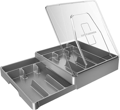 GoCozy Silverware Organizer with Lid, 9 Compartments Flatware Organizer, Plastic Utensil Holder for Countertop, Silverware Tray for Drawer, Gray