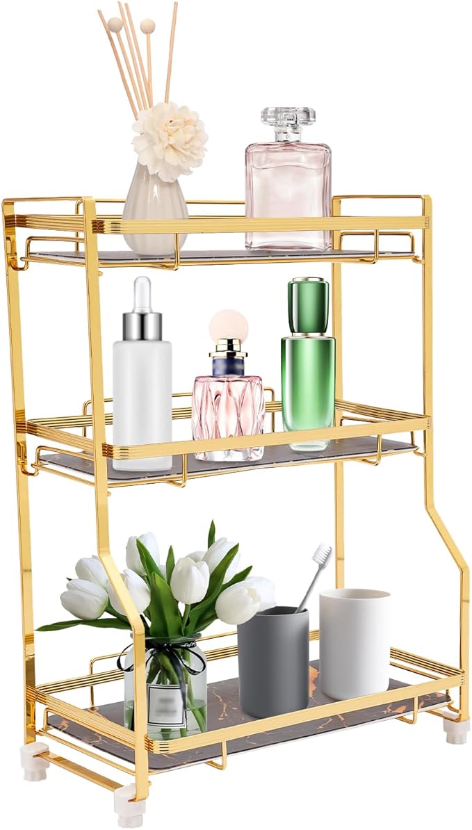 3 Tier Bathroom Countertop Organizer, Gold Bathroom Vanity Counter Organizer with Small Storage Basket for Skincare Makeup Perfume (Black)