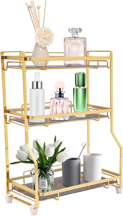 3 Tier Bathroom Countertop Organizer, Gold Bathroom Vanity Counter Organizer with Small Storage Basket for Skincare Makeup Perfume (Black)