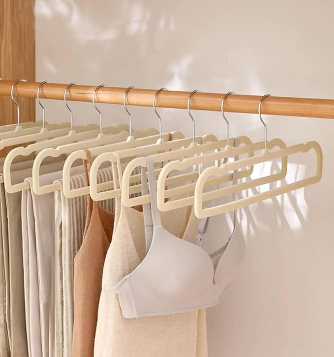 Velvet Hangers, 20pcs Heavy Duty Flocked Pant Hanger with Non-Slip Trouser Bar, 35cm(L) Adult Clothes Hangar with Swivel Hook, Slim Felt Perchas Terciopelo for Shorts, Dress, Scraf, Bar (Beige-Silver)